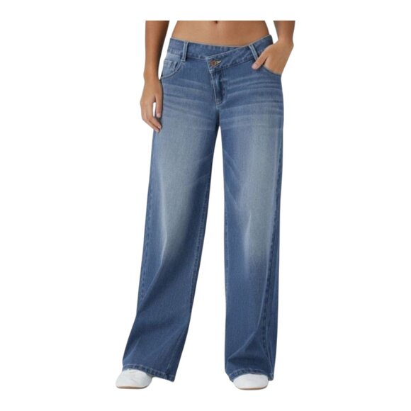 Halara Flex Asymmetric Low Rise Baggy Wide Leg Medium Wash Jeans Women's M - Picture 1 of 10